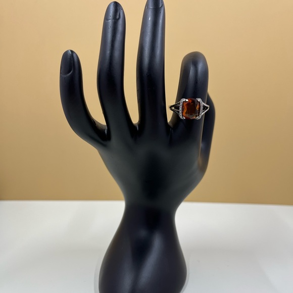 Large Sterling Silver 925 Stamped Amber Crystal with Halo Ring - Picture 3 of 9